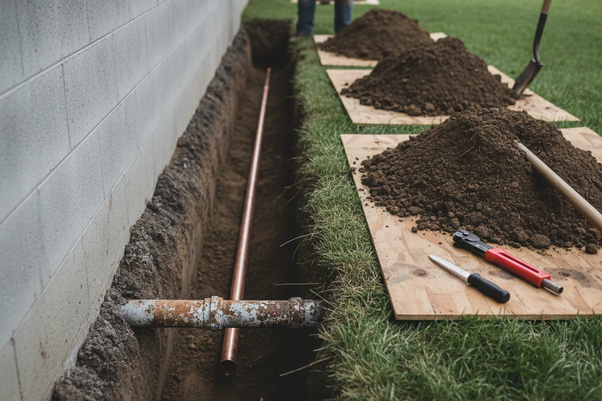 Excavated water line trench during Water Heater Repair in Westdale
